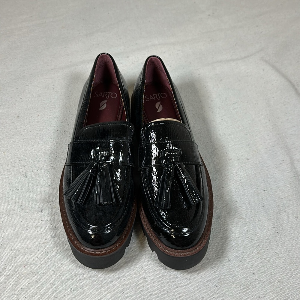 Franco Sarto Black Patent Tassel Lug Sole Loafers - Picture 7 of 13